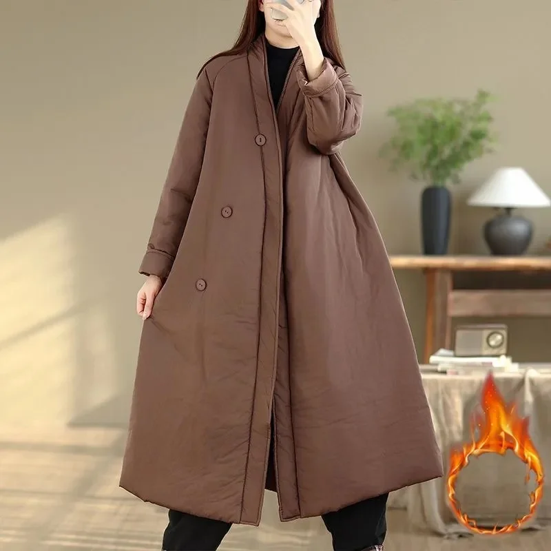 Giacca in cotone Hanfu retrò per il tempo libero da donna semplice e ampia, colletto obliquo caldo, cappotto imbottito medio e lungo spesso W1461