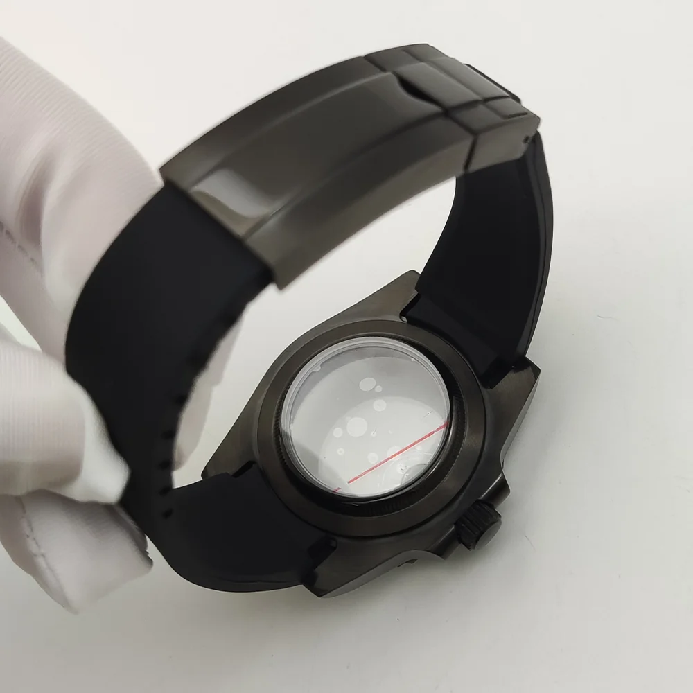 Мужские механические часы NH35 с зеркальным стеклом и увеличенным календарем и окошком, резиновый ремешок, черный цвет, аксессуары для часов