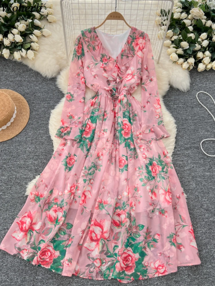 Maxi Dresses for Women Korean Vintage Robe Femme 2024 Vestidos De Mujer Flare Sleeve V-neck Floral Ruffles Loose Autumn Dress WJ