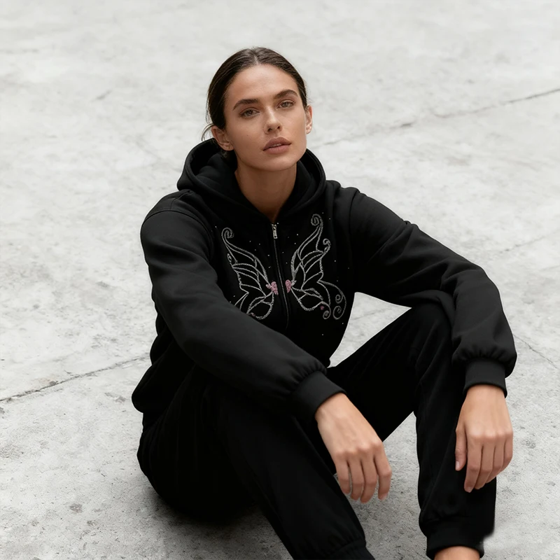 

2025 Casual Daily Butterfly Pattern Black Jacket Women Autumn Winter Long Sleeve Zip Up Coats Female All Match Hoodie Jacket