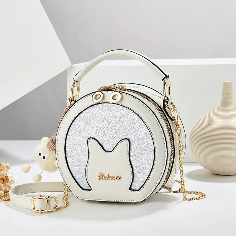 Cute Cat Women Chain Shoulder Bags Crossbody Bag Clutch Handbag with Chain Strap Fashion Glitter Check Quilted Stitch Padded Bag