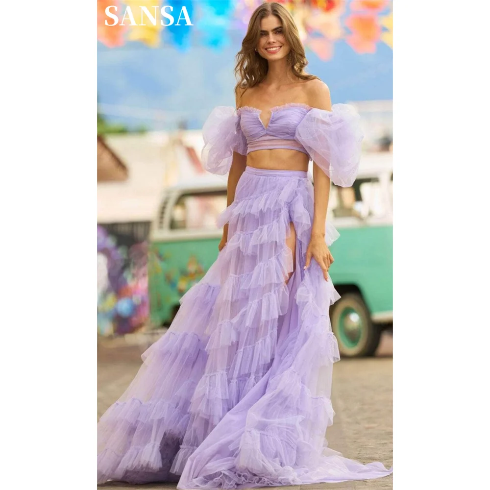 

Sansa Lavender Two Pie Vestidos De Noche Princess Puffy Sleeve Tulle فساتين السهرة Sweet Multilayer Side Split Prom Dresses