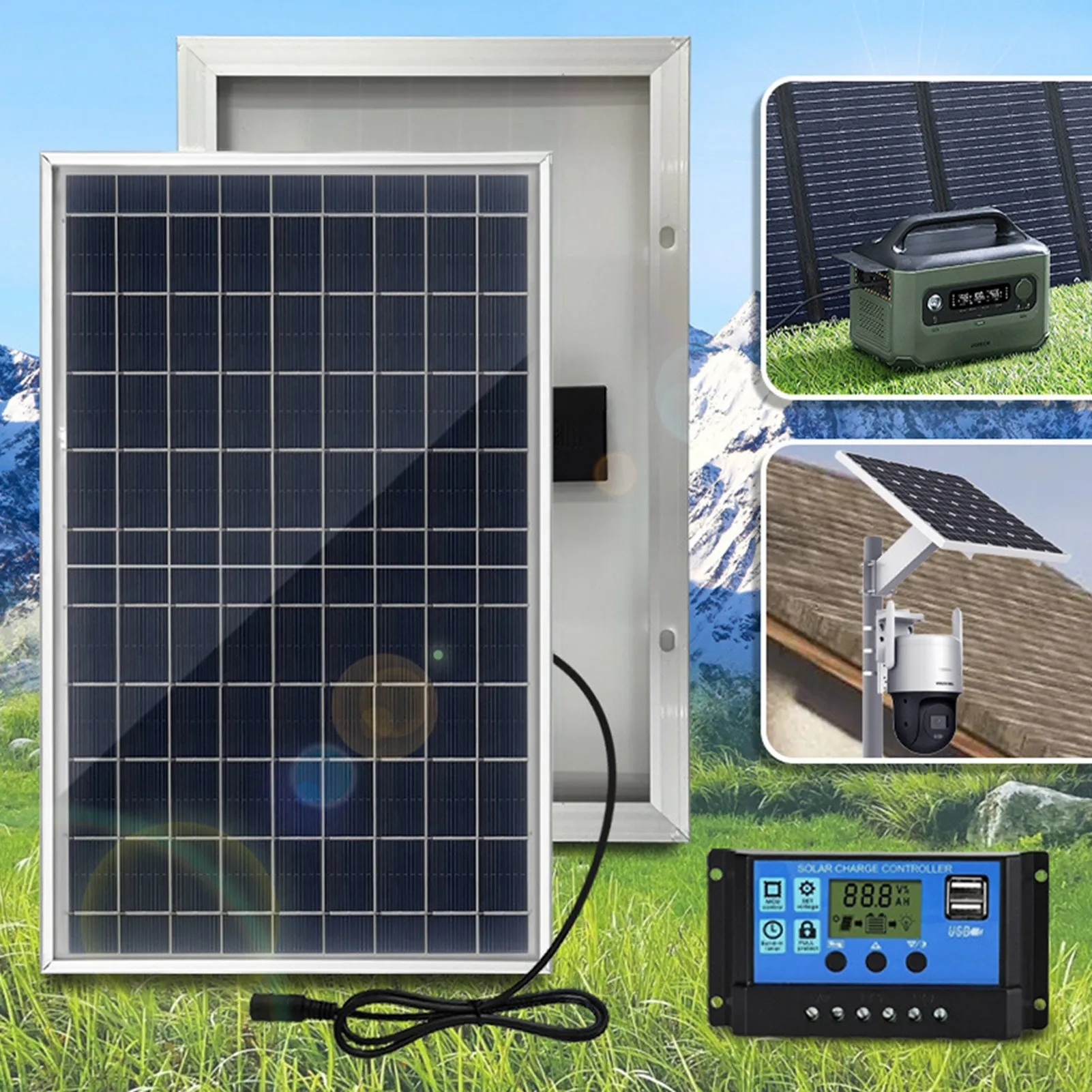 The 10W polycrystalline silicon solar panel integrates a solar panel and a solar charging controller kit for camping travel cars