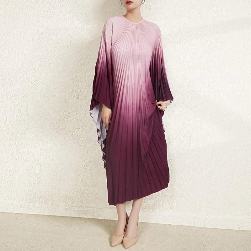 

Miyake Pleated Gradual Color Dress Irregular O-neck Long Sleeevs Loose Long Dresses Casual Style 2023 Summer New Women