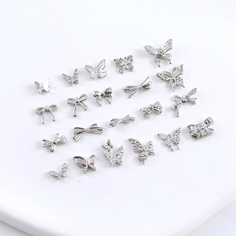 10 Pcs Silver Butterfly Nail Decoration Metal Bow Butterfly Wing Luxury Jewelry Nail Art Charm 3D Manicure Accessories Supplies