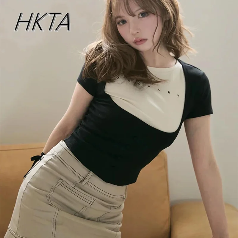 

DY20Летняя новая футболка контрастного цвета с вышивкой на груди, женская японская вафельная облегающая футболка с короткими рукавами, нишевая футболка