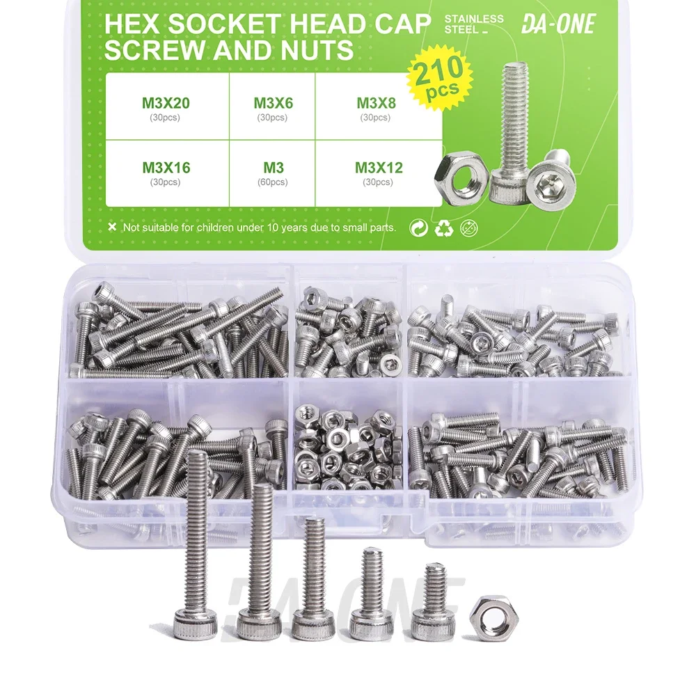 210pcs M3 Stainless Steel Hex Socket Screw Set Allen Bolt Hex Socket Round Cap Head Bolts and Nuts Assortment Kit