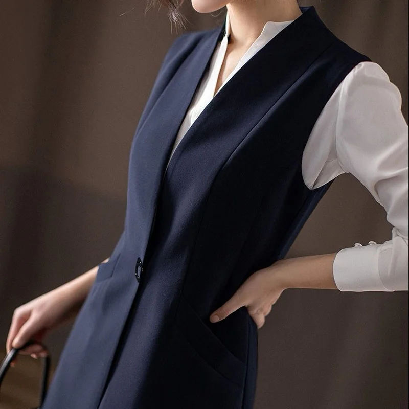 Imagem -04 - Colete Longo Slim Fit Feminino Colete Preto e Azul Blazer Feminino Cabolsa de Escritório Jaqueta sem Mangas Cabolsas Primavera Outono 5108