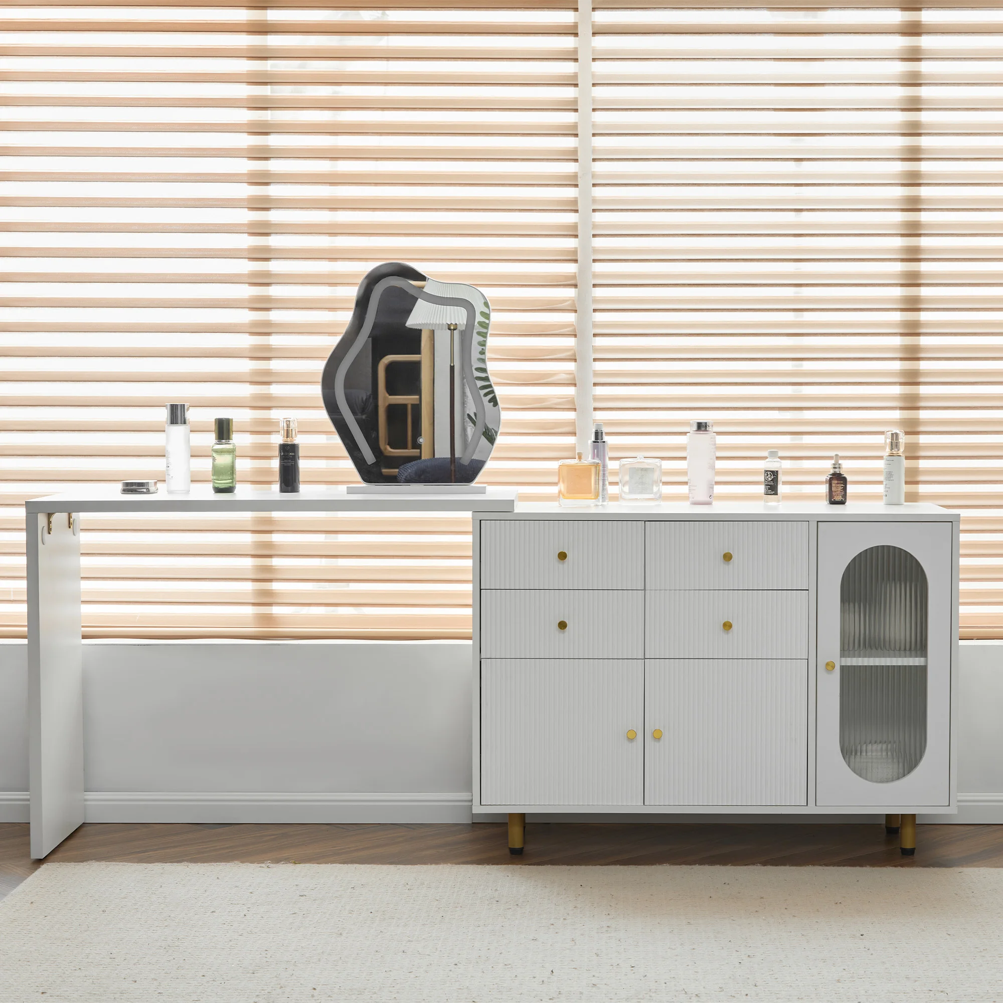 Schminktisch, Kosmetiktisch-Set mit Spiegel und Beleuchtung, ausziehbare Tischplatte, links-rechts