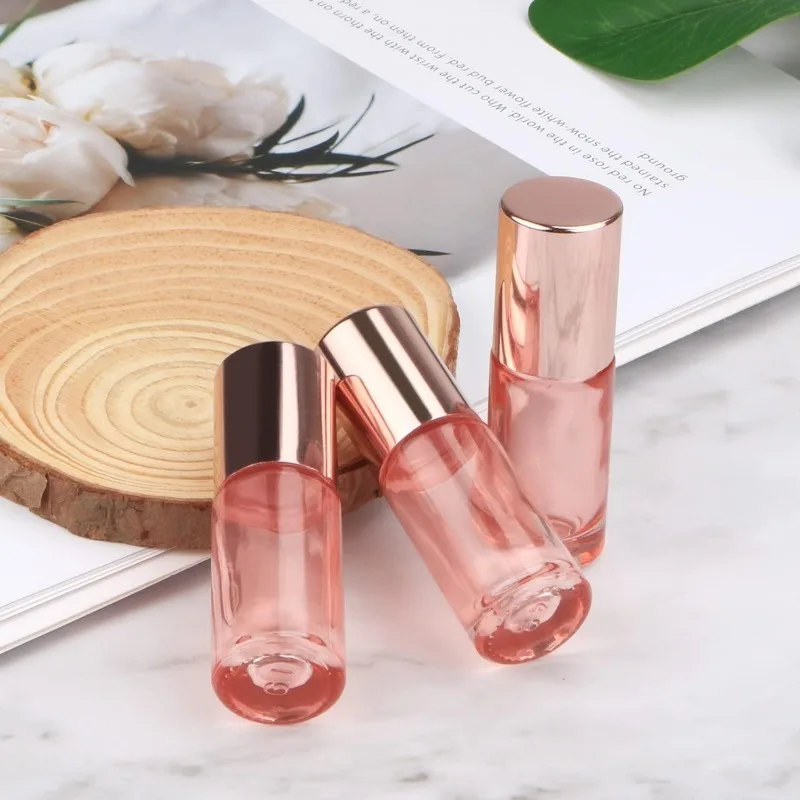 10pcs 5ml Pink Glass Roller Bottles With Rose Gold Lids Stainless Steel for Essential Oils Perfume Cosmetic Liquid