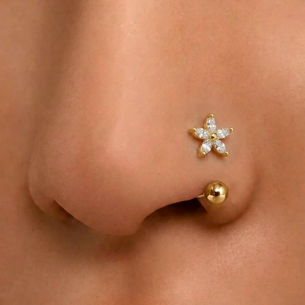 1-Piece Set of French Japanese Korean Five Petal Zircon C-Shaped Puncture Nose Nail for Women, Gold Spiral Buckle Nose Ring