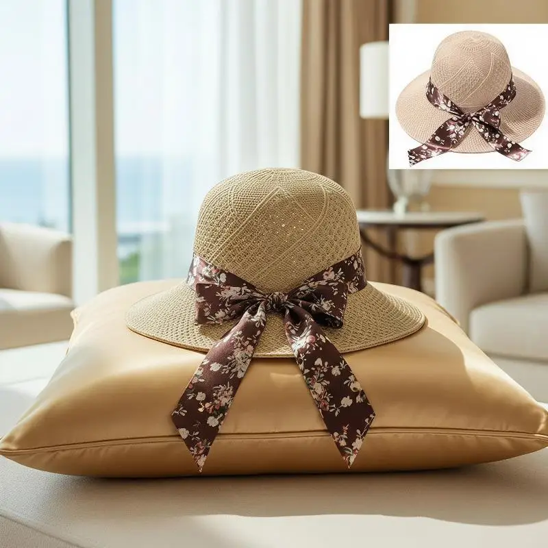 Wide Brim Straw Sun Hat Beige UPF 50+ Breathable Polka Dot Bow Summer Garden Work Beach Travel Women Fashion Headwear Gift