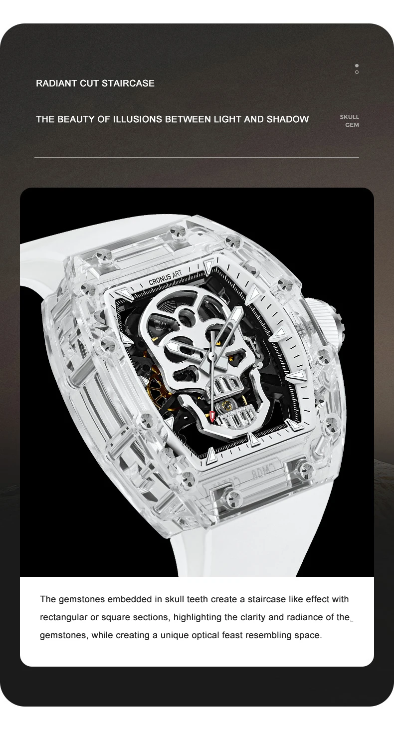 CRONUSART Orologio automatico da uomo 50mm * 42mm Orologio da polso meccanico Tonneau di lusso Cassa in zaffiro Luminou Cinturino in gomma fluorurata Quadrante con teschio