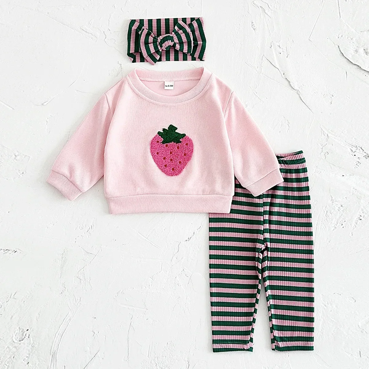 Autumn Baby Girls 3pcs Set Pink Strawberry Embroidered Long sleeve Stripe Leggings + Headband Outfit Cute 0-3Y Toddler Clothes