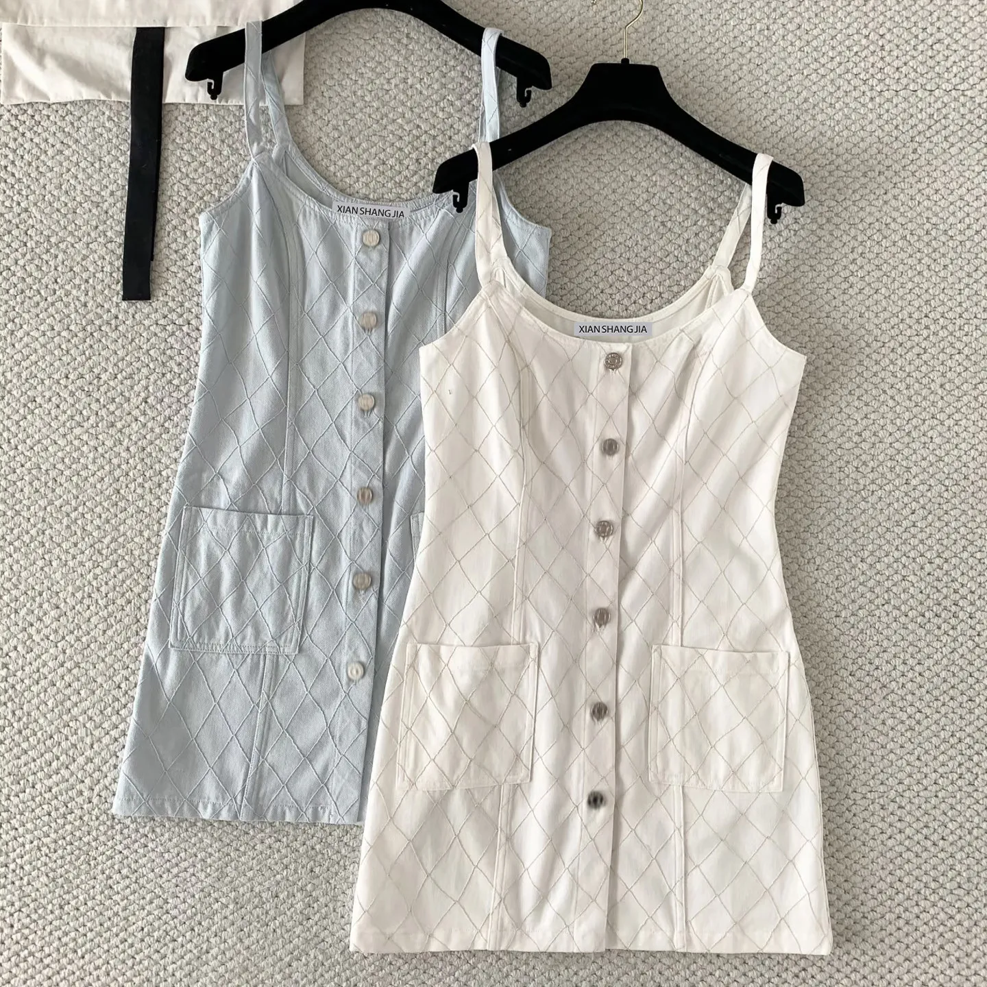 2026 Vintage Quilted Denim Overall Dress Women Summer Single Breasted Elegant Casual Short Dress