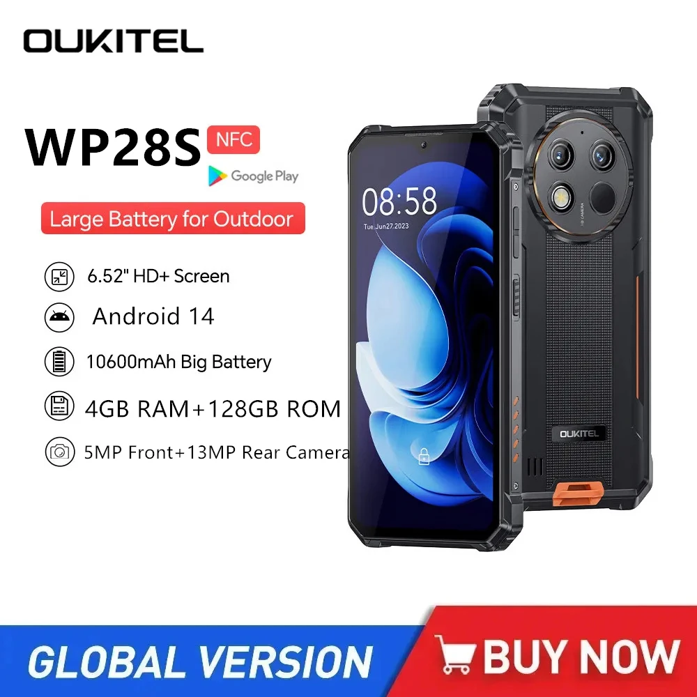 New Oukitel WP28S Rugged 4G Smartphones 6.52Inch HD Octa Core 4GB+128GB Android 14 Mobile Phone 10600mAh Battery 13MP Camera NFC