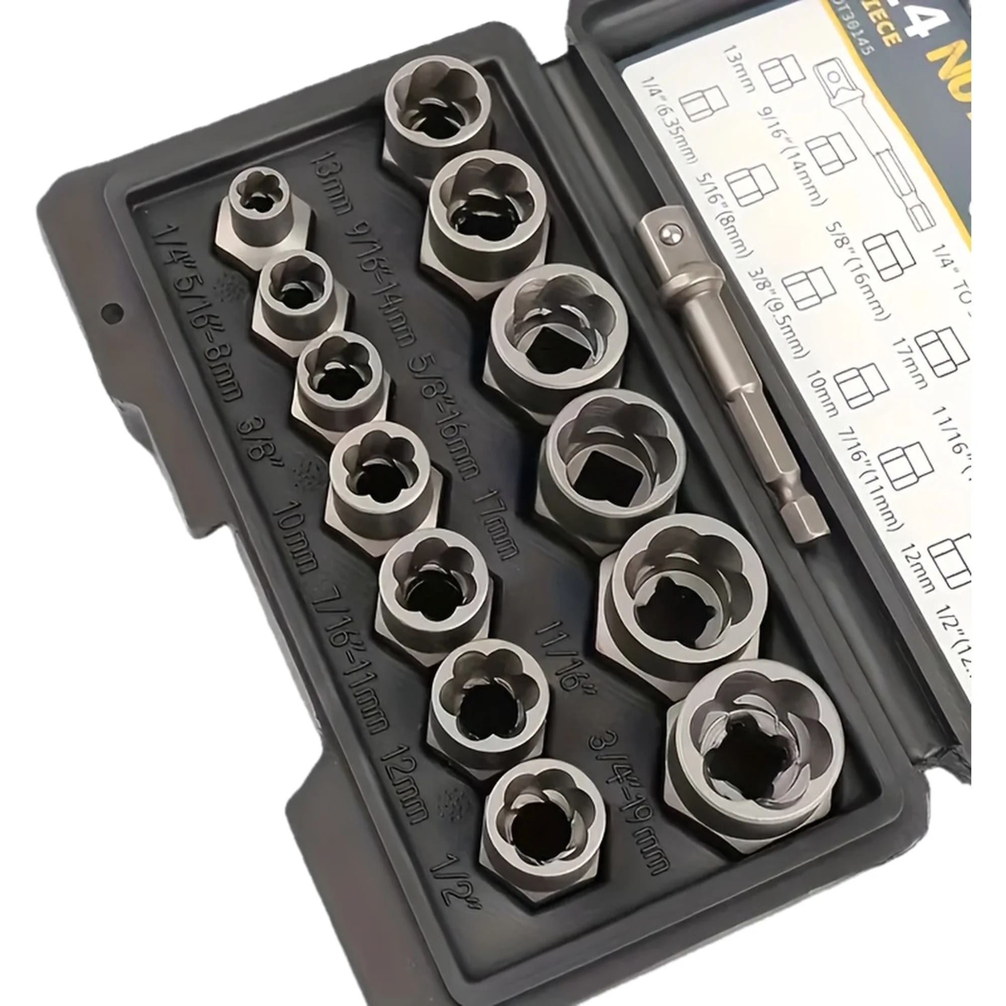 Nut Extractor Kit 14pcs Nut Removal Tool With 13 Bolts And Nut Removers, 1 Hex Socket Adapter For 1/4