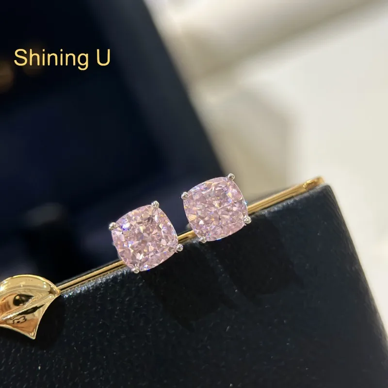 

Shining U S925silver Pink Round Diamond Gems Stud Earrings for Women Fine Jewelry Anniversary