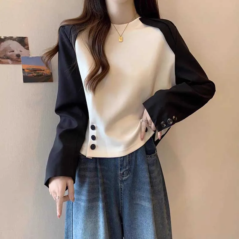 Fashion O-Neck Spliced Button Casual T-Shirt Female Clothing 2024 Spring New Loose Korean Pullovers Tops All-match Tee Shirt