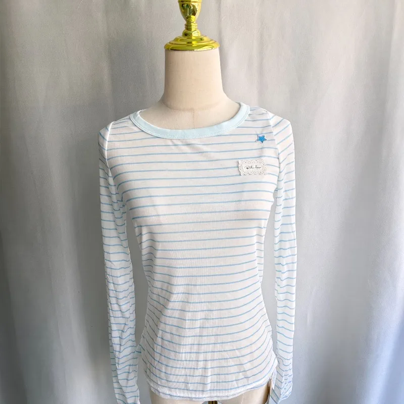 Kimotimo Korean Chic Striped Long Sleeve T-shirts Women Off Shoulder Lazy Micro Transparent Tops Sweet Y2k Aesthetic Casual Tees