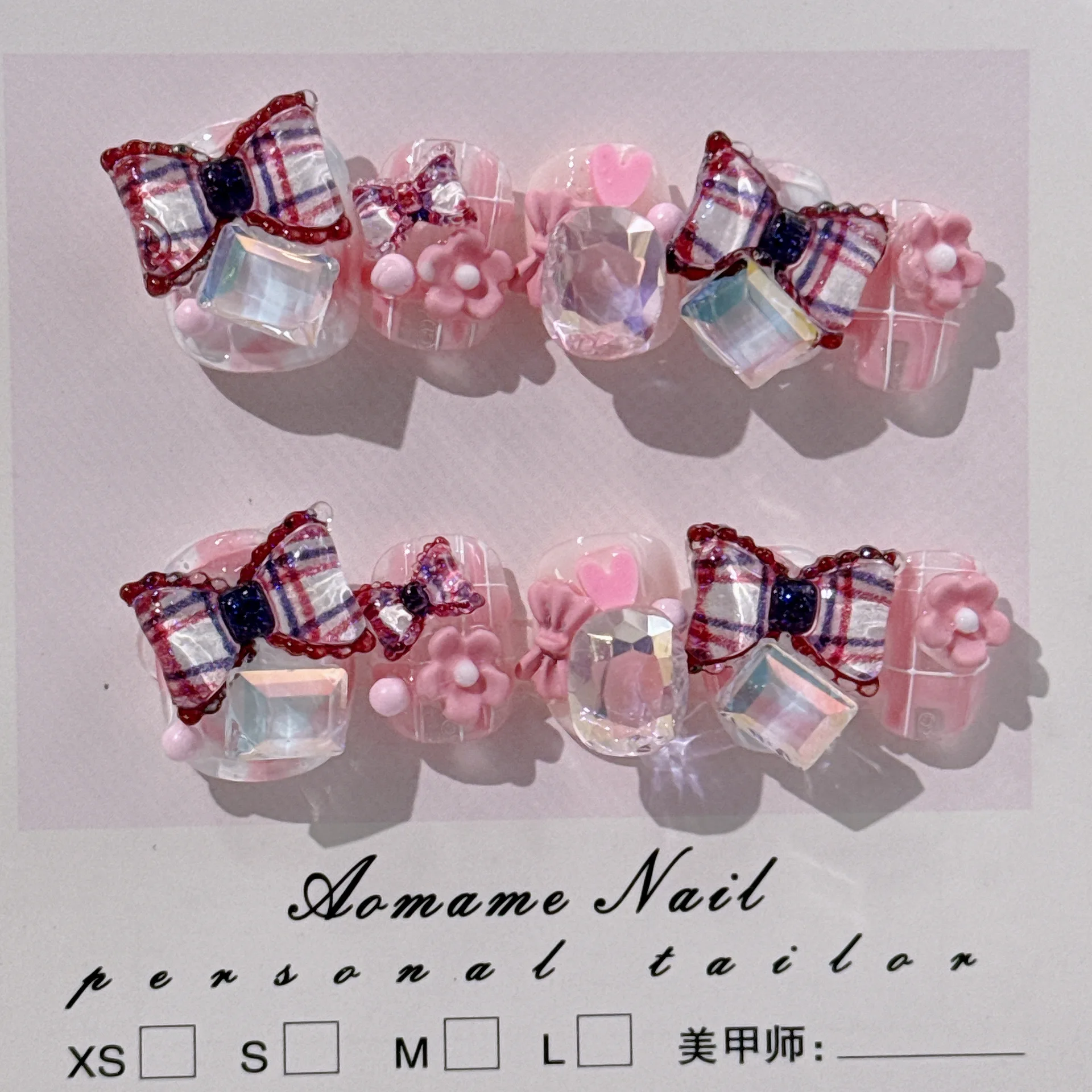 

10pcs Sweet 3D Bow Press on Nails Y2K Plaid Transparent Crystal False Nails Cute Lolita Style Handmade Fake Nails for Girls