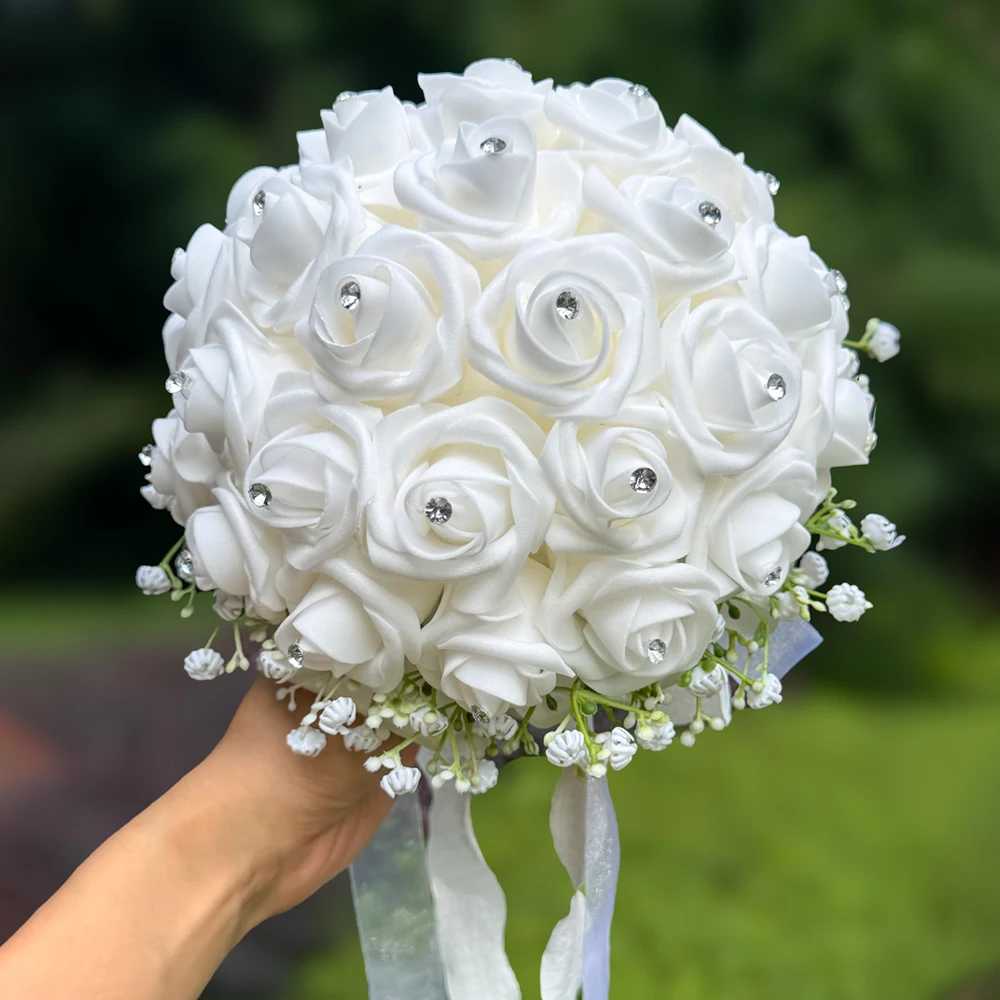 Rhinestone White Rose Gypsophila Bridal Bouquet, Satin Ribbon Artificial Flower for Wedding Photoshoot Prop Prom Gifts