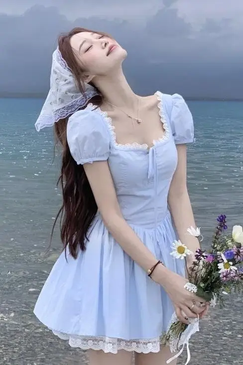 

First Love Little White Flower Lace-edged Princess Dress with Puffy Sleeves Sweet and Gentle Petite