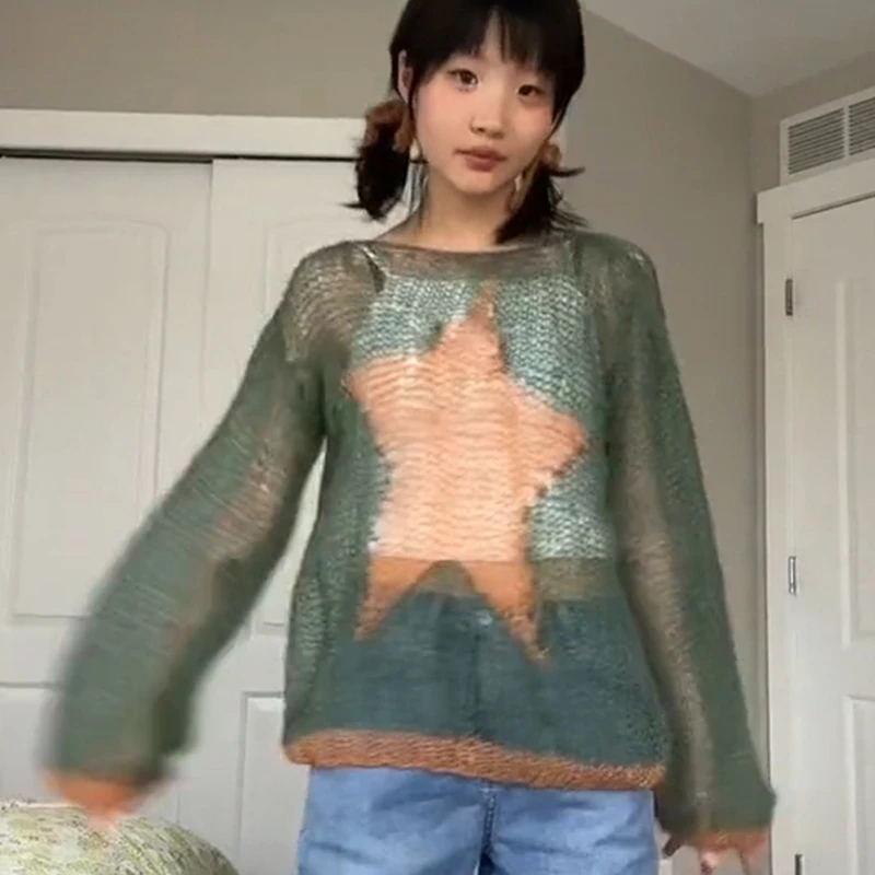 Sweater Pentagram Pattern Long Sleeve Tops y2k Aesthetic Grunge Fairycore Hollow Out Crochet Clothes 2000s Knitwear