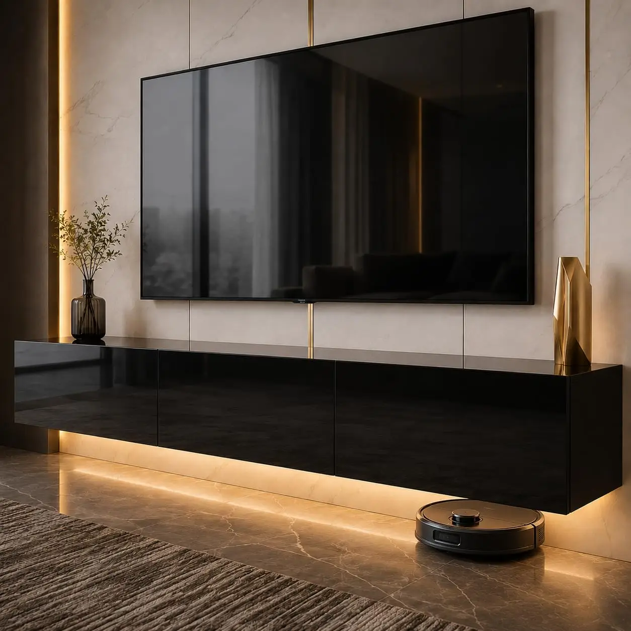 Floating TV Stand LED Wall Mounted 3 Drawers High Gloss Media Console 75 Inch Living Room, Customized