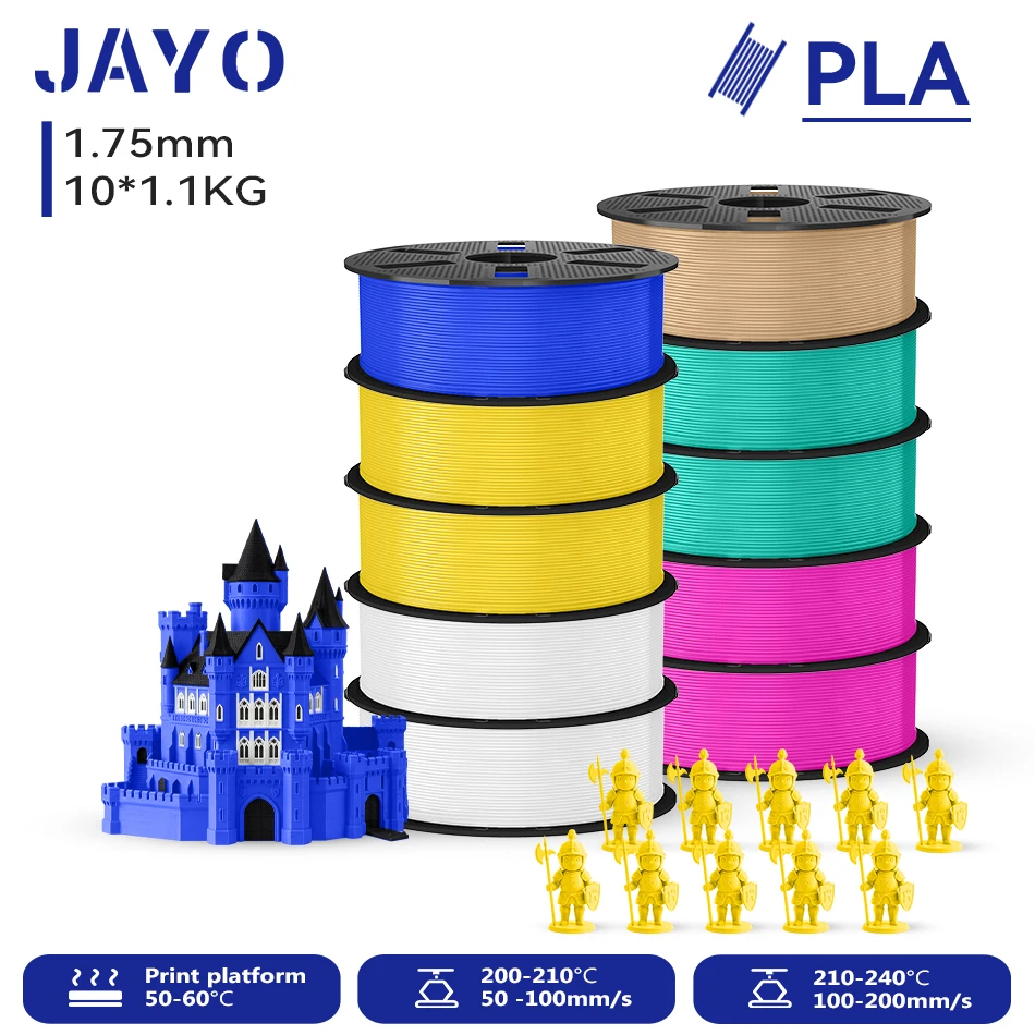 JAYO 10 Rollen 3D PLA Druckerfilament 1,75mm, ungiftig & blasenfrei, PLA-Kunststoff als 3D-Druckfilament für 99% der 3D-FDM-Drucker & -Stifte, 1,1KG/Rolle