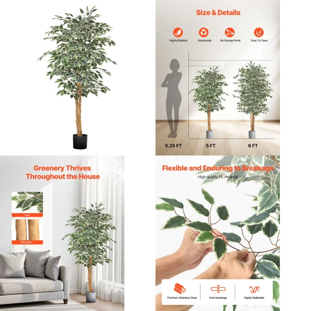

5FT Artificial Ficus Tree Tall Faux Plant with Black Pot for Indoor Home Decor Green Plants Fake Trees Living Room Office
