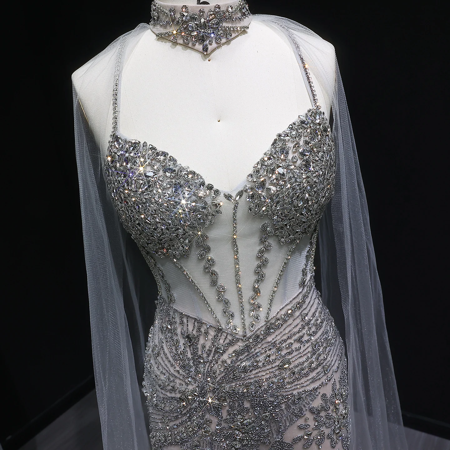 Sharon Said Luxuriöses Champagner-Abendkleid mit Cape-Ärmeln und Spaghettiträgern für Damen, Hochzeit, Party, Ballkleid SS071, Maßanfertigung – Detail 6