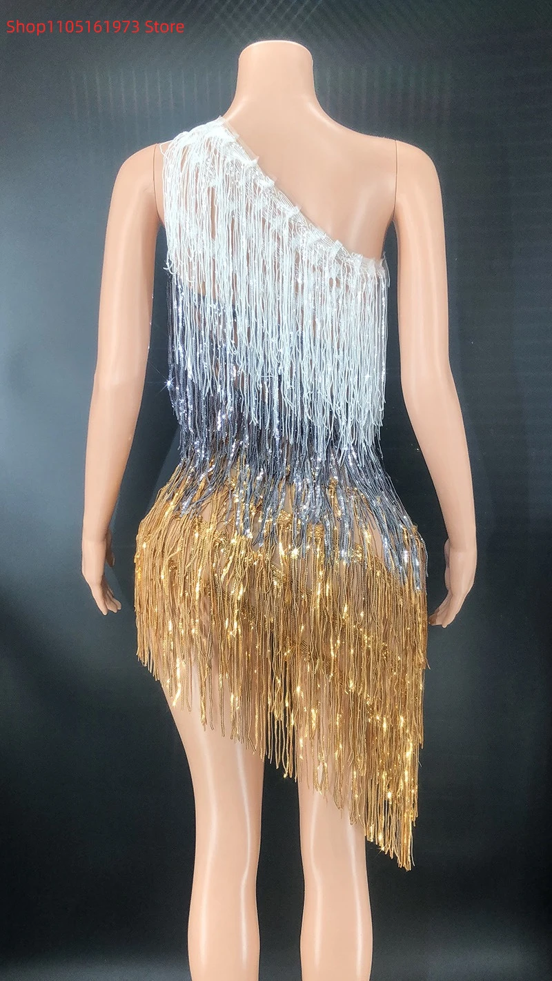 فستان سهرة بكتف بلينغ بلينغ مهدب متألق ومطرز بالترتر فستان حفلة موسيقية زي جوجو