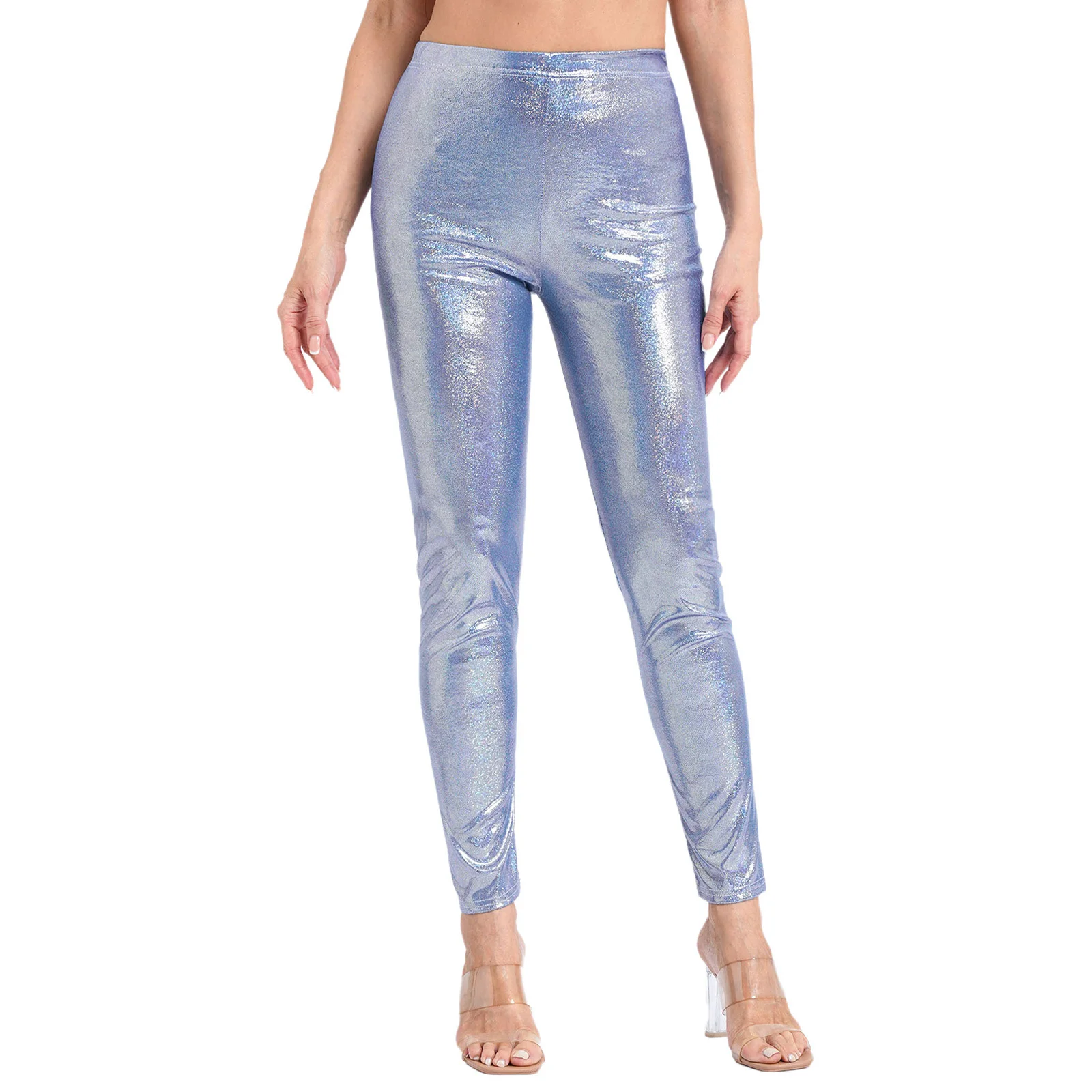 

Women Metallic Shiny Dance Leggings Yoga Long Pants Elastic Waistband Skinny Pants Trousers for Party Music Festival Raves Club