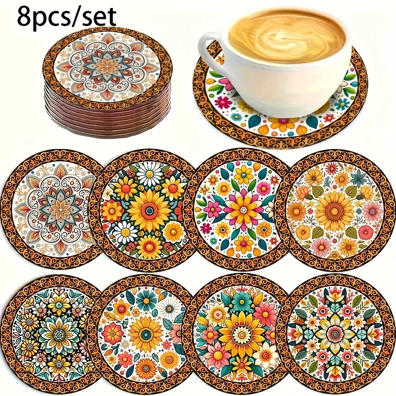 Custom Wooden Coaster Set Personalized Round Absorbent Cup Coasters Anti-Slip Heat Resistant Table Mat for Home Bar Wedding Pa