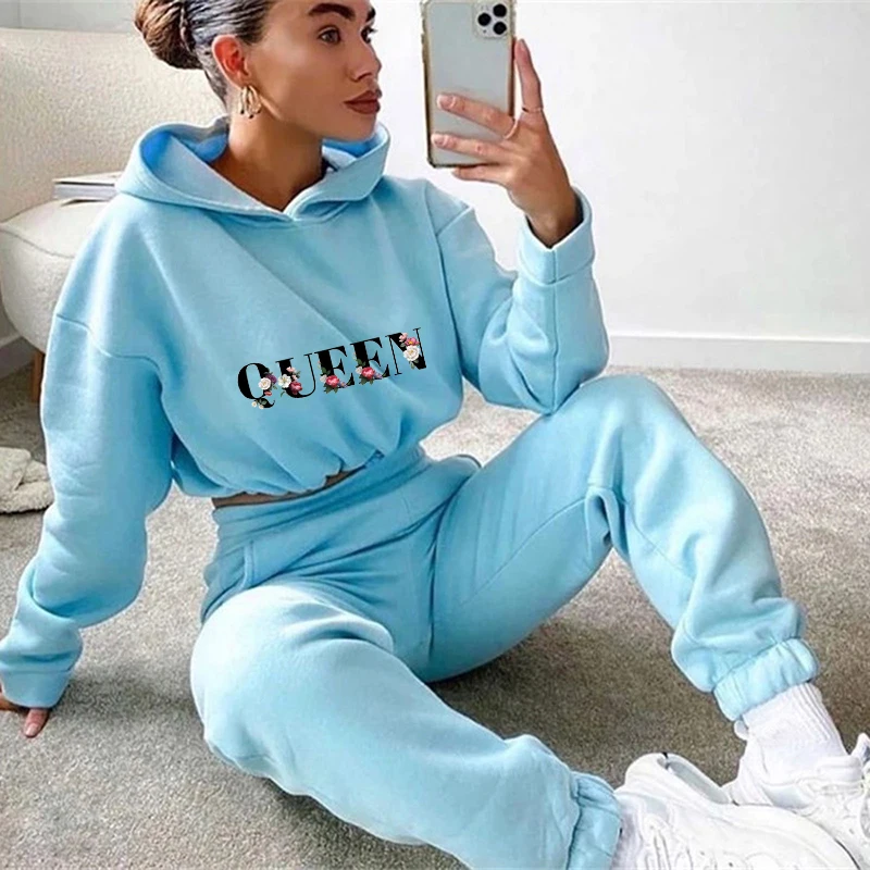 QUEEN Letter Printing Autumn Womens Outfits Short Tops Long Sleeves Hooded Sweatshirt 2 Piece Set Casual Jogging Sweatpants Suit