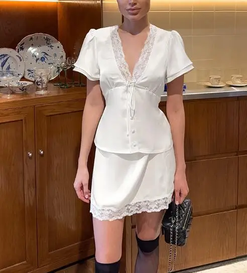 

2026 Spring/summer Women's Satin Simulation Silk Lace V-Neck Waist Strap Short Sleeve Short Skirt Set Elegant Sexy Two Piece Set