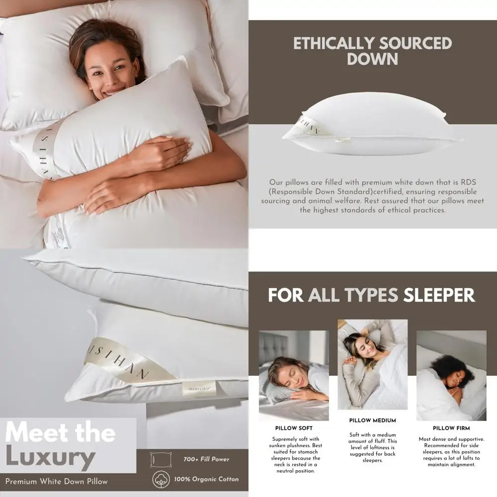 

Queen Size Premium Down Pillows - 700 Fill Power, Ideal for Side Sleepers, 100% Cotton 500 Thread Count Cover