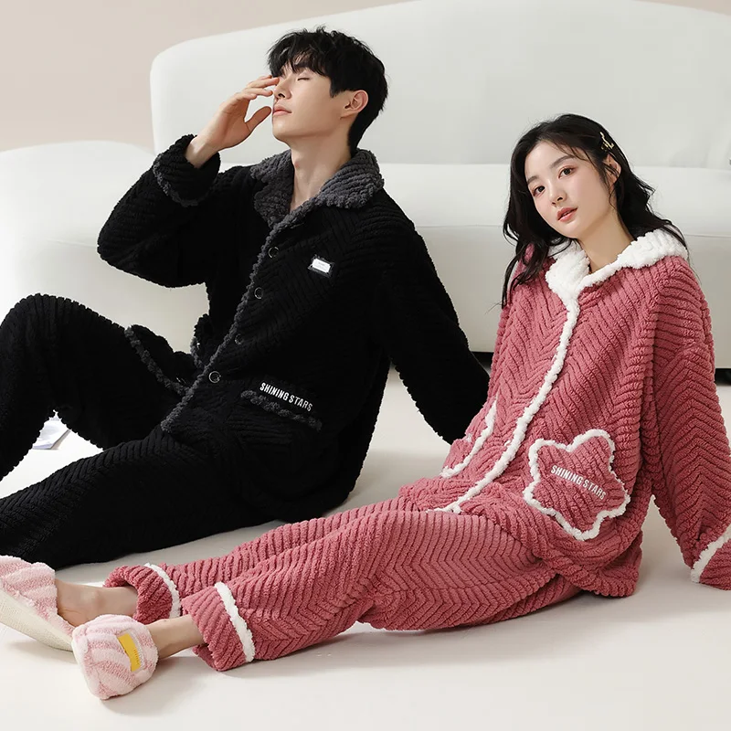 High Quality Winter Couple Pajama Set Women Men Warm Sleepwear Thick Flannel Pyjamas