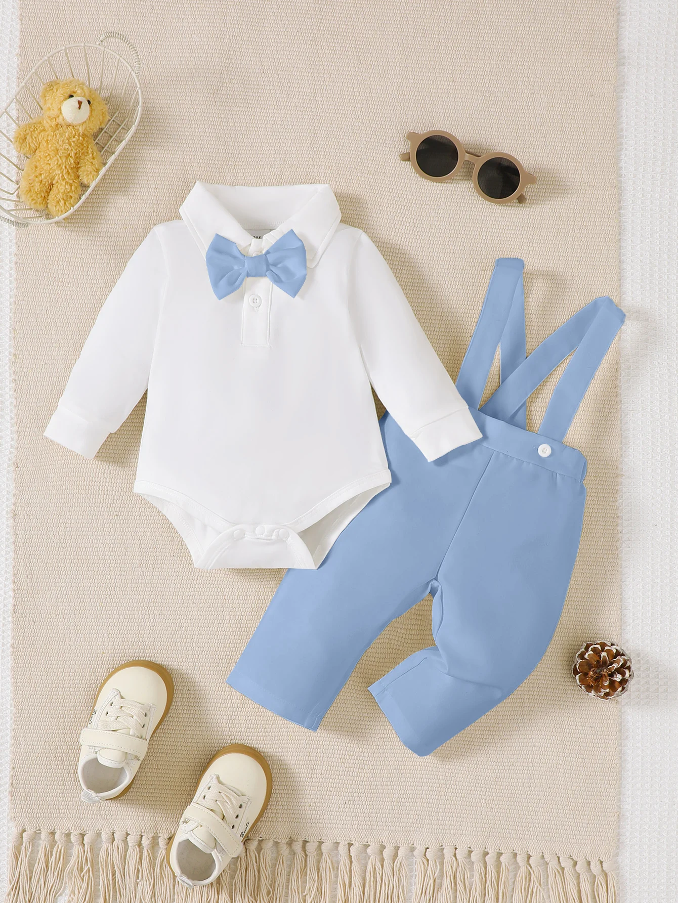 

3PCS baby wash dress solid color long sleeved shirt tie little gentleman overalls set suitable for autumn and winter seasons
