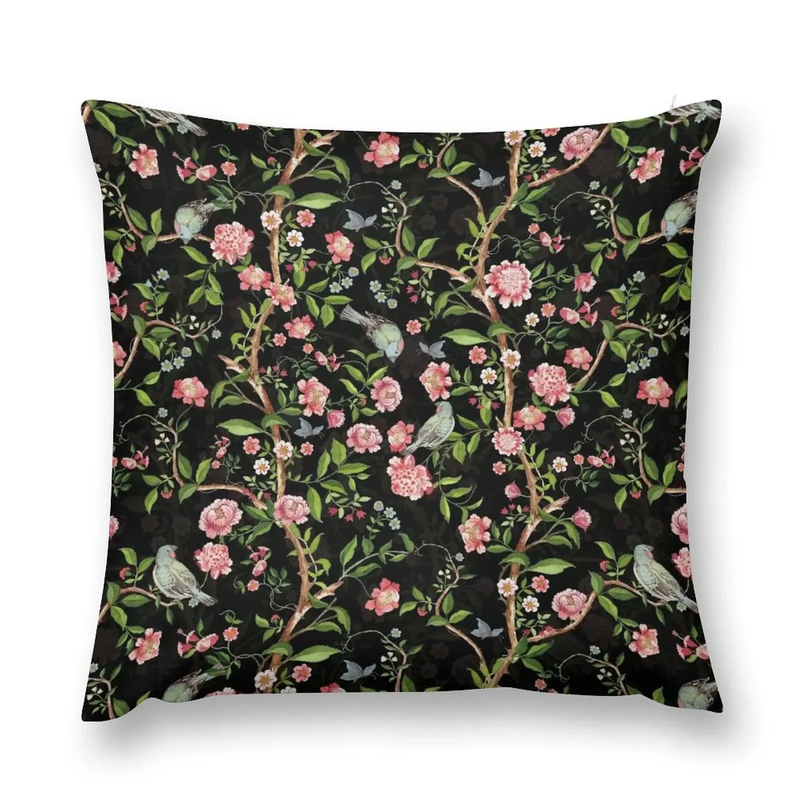 

Dark chinoiserie with Birds and rose flowers Botanical Night Garden Throw Pillow luxury decor Plaid Sofa pillow