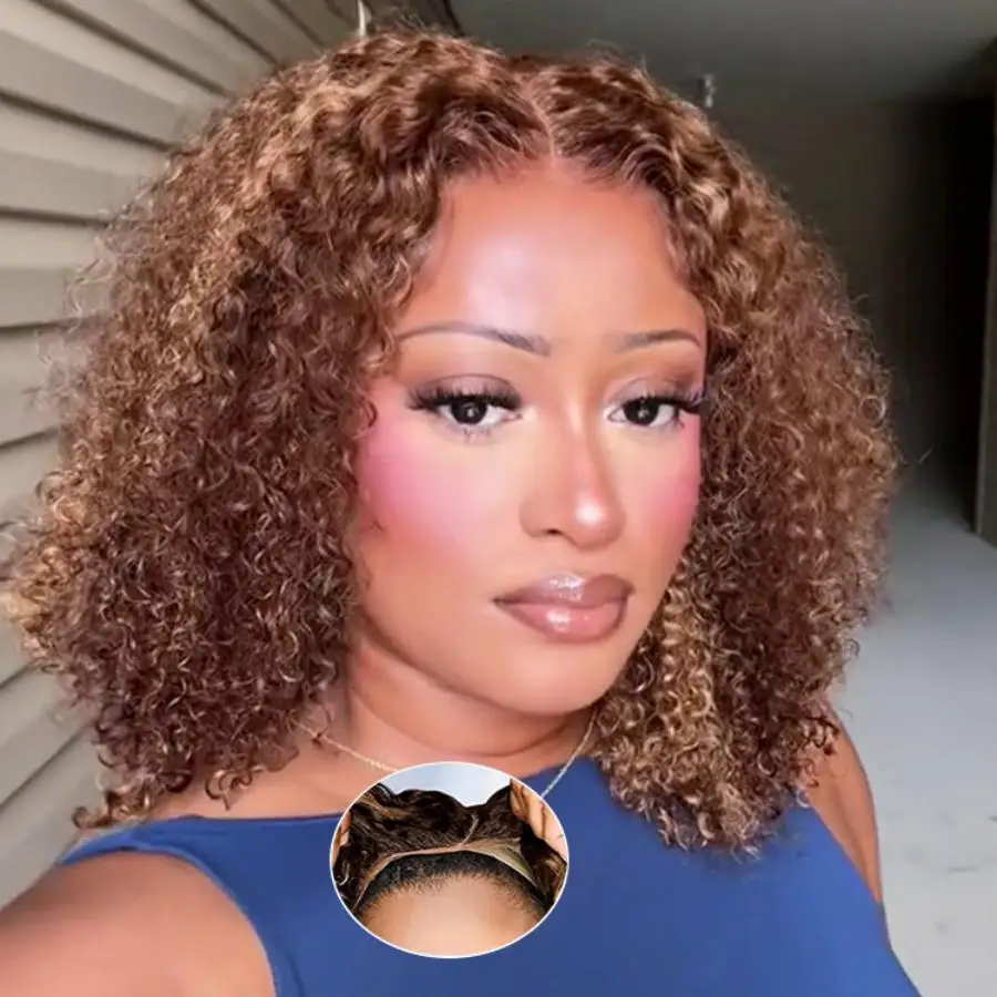 

Glueless Bob Wigs Honey Blonde Deep Wave Human Hair Pre Plucked Pre Cut Highlight Wear and Go Curly Wigs Ombre HD Lace Front Wig