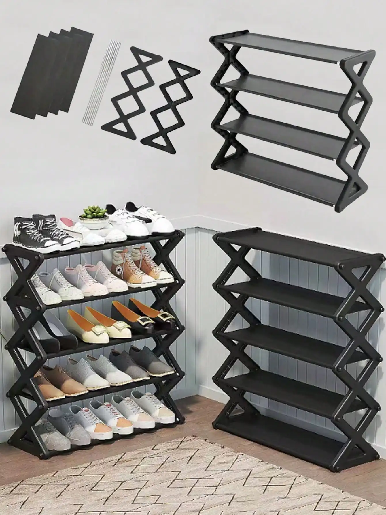 4-lagiges stapelbares Schuhregal, erweiterbares und verstellbares Schuhregal aus Stoff – Detail 1
