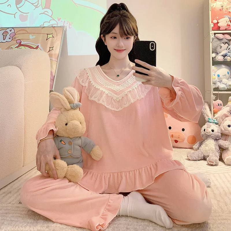 

Pajama Adult Sets Women Long-Sleeved Wool Loungewear Warm Thermal Design Crew Neck Buttoned Front Full Length Pants Winter Unise