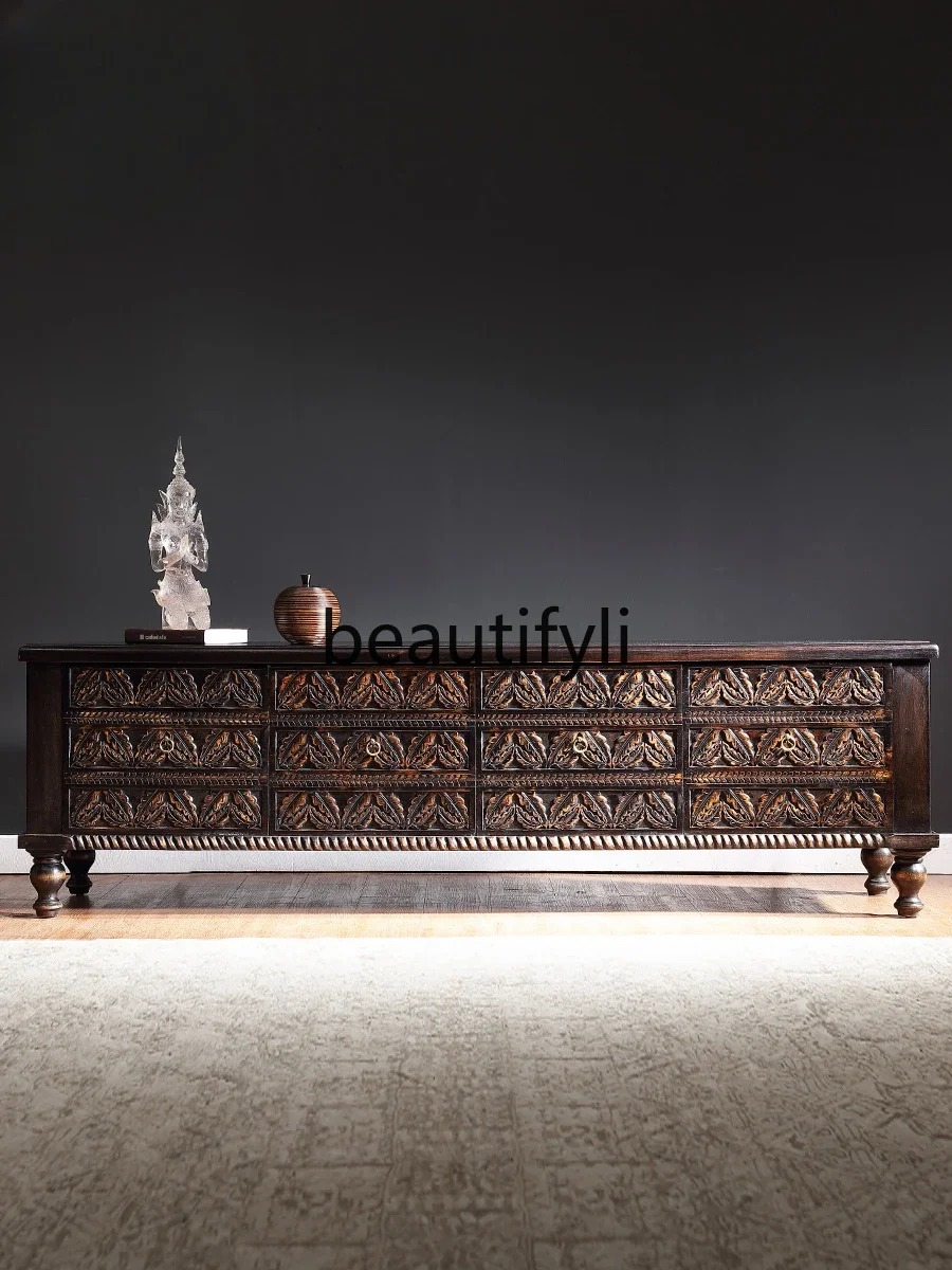 South East Asia style solid wood living room TV cabinet, Thai homestay furniture light luxury floor cabinet locker