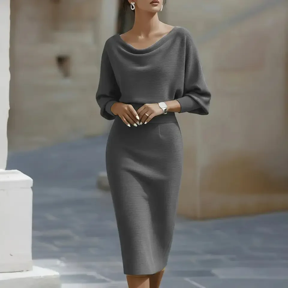 

Womens Dresses 2026 Spring Solid Color Knitted Woolen Round Neck Long Sleeved Waist Cinching Slimming Hugging Midi Dress