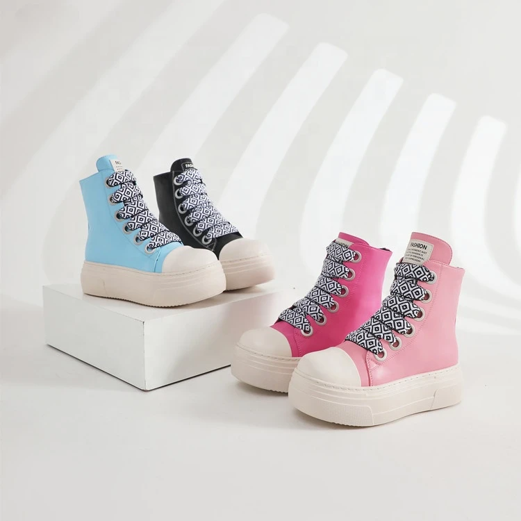 Sapatos casuais de couro PU para mulheres, Lace Up, Top alto, Sapatilhas de luxo, Zipper Sneakers, Moda