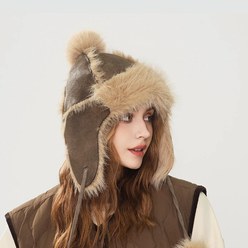 Unisex Vintage Ear Protection Hat Faux Rabbit Fur Fleece Lined Warm Winter Bomber Caps for Men and Women Fits 55-58cm Earflap