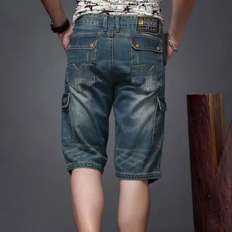 Koreanische Luxuskleidung 2025, Sommer, dünne Denim-Shorts, lockere, lässige, gerade, mittlere Hosen, koreanische Overalls mit mehreren Taschen, 3/4-Hosen