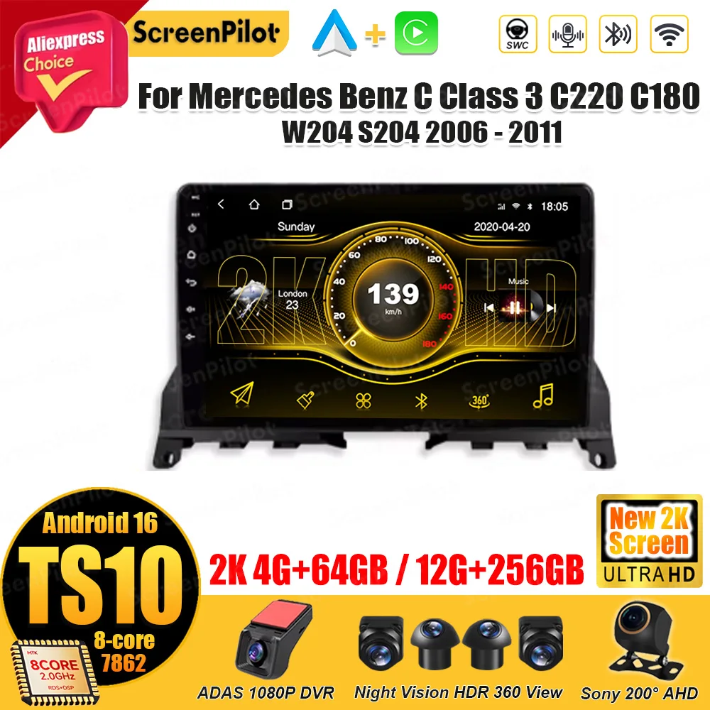 

Android 16 для Mercedes Benz C Class 3 C220 C180 W204 S204 2006-2011, мультимедийный видеоплеер, автомобильное радио, GPS-навигация, Wi-Fi, DSP